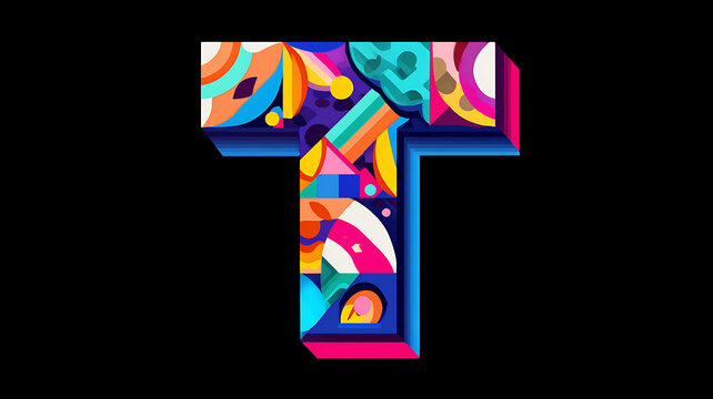 Colorful geometric letter T art with vibrant abstract shapes and patterns, isolated on black background