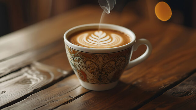 Steaming latte art coffee cup rustic wooden table HD images