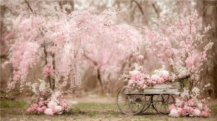 Rustic produce cart filled with peaches under peach trees with soft pink blossoms and background blur 
