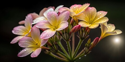 Close-up of a cluster of pink and yellow plumeria flowers with water droplets frangipani bloom