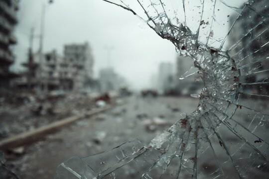 Broken Window Fragments Revealing War Torn City Ruins