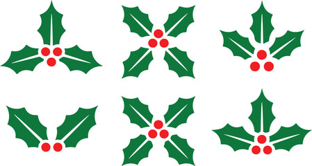 Festive Holly Sprigs A Collection of Christmas and Holiday Season Icon Elements in Various Arrangements for Seasonal Designs and Decorations