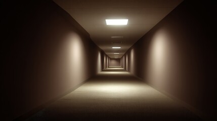 Minimalist symmetrical corridor with smooth brown finishes, balanced lighting, and copy space on the left, creating a calm and modern ambiance
