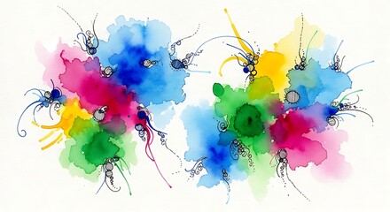 Abstract Watercolor Blends with Black Ink Details on White Background Keywords: abstract, watercolor, paint, blend, ink, doodle, colorful, artistic, creative, design, background, white, fluid