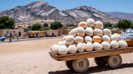 Rustic wagon filled with tamarinds placed near dry-season farm trees with golden tones 