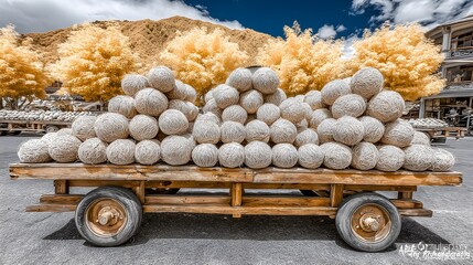 Rustic wagon filled with tamarinds placed near dry-season farm trees with golden tones 