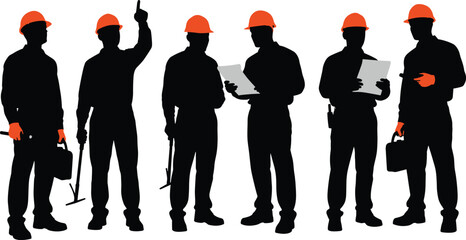 Silhouette set of construction workers wearing orange safety helmets holding tools, plans and equipment, industrial teamwork and site inspection illustration