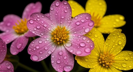 Close Up Macro Of Pink And Yellow Flowers Covered In Water Droplets Keywords: flower, floral, pink, yellow, water droplets, dew, macro, close up, nature, beauty, delicate, petals, center, blossom