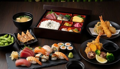 Assortment of Japanese Sushi and Tempura Dishes with Miso Soup and Edamame Keywords: sushi, sashimi, tempura, bento box, miso soup, edamame, Japanese food, seafood, rice, salmon, tuna, shrimp, maki