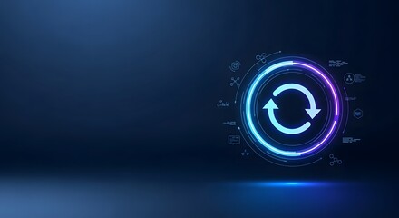 Glowing circular arrows in a futuristic interface against a dark blue background with light effects