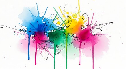 Vibrant Watercolor Splatters And Ink Lines On A White Background Keywords: watercolor, paint, splatter, splash, ink, line, abstract, art, colorful, vibrant, blue, green, yellow, pink, magenta