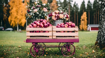 Rustic wagon with cranberries in crates next to bog fields with autumn colors in the background 
