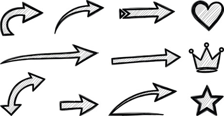 Hand Drawn Arrows Heart Crown and Star on White vector
