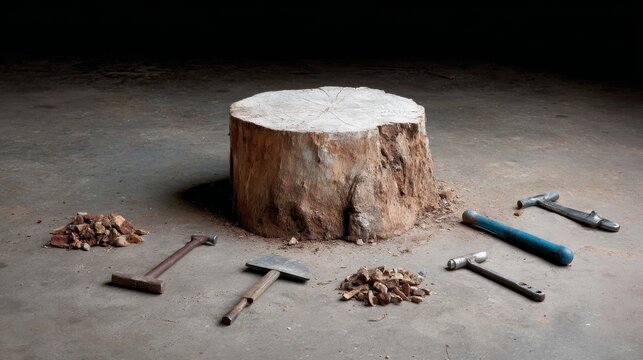 Wellused woodcutting bench with metal tools and bark fragments around thick split stump, indoor workshop scene with copy space for text