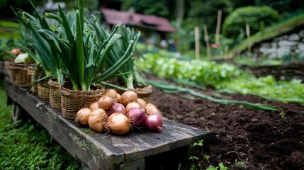 Rustic wagon with onions in baskets surrounded by farm tools and onion fields in the distance 