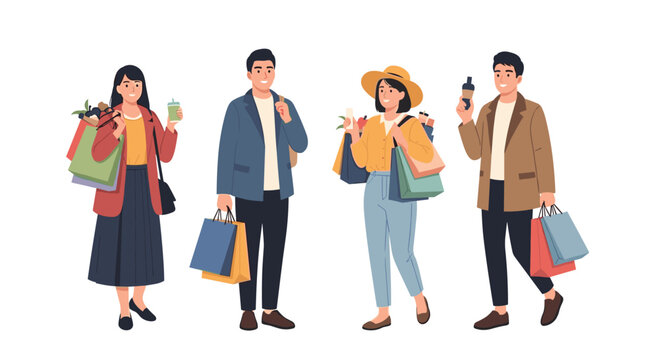 Happy shoppers carrying colorful bags and enjoying their purchases, capturing the joy of retail therapy and a successful shopping spree - Powered by Adobe