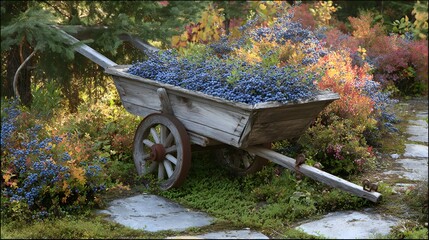 Rustic wheelbarrow filled with blueberries set in a countryside blueberry patch with bushes in the background 