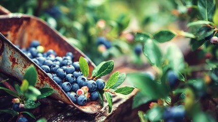 Rustic wheelbarrow filled with blueberries set in a countryside blueberry patch with bushes in the background 