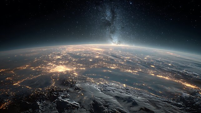 Earth's glowing city lights and milky way from space at night global view