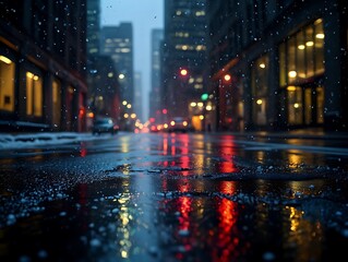 Wet city street at night with reflections of traffic lights and buildings in the rain image photo
