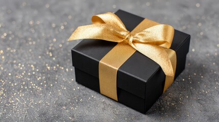 Elegant black gift box with golden ribbon on dark background for celebrations or special occasions