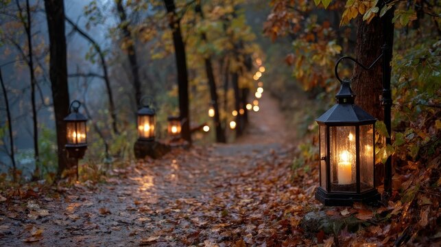 Twinkling lanterns line a autumn forest path at twilight with falling leaves and warm glowing light