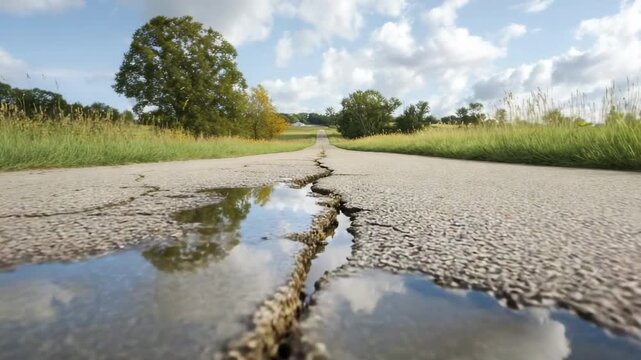 From a ground-level perspective a long cracked asphalt road recedes into a rural landscape with a puddle in the foreground reflecting the cloudy sky