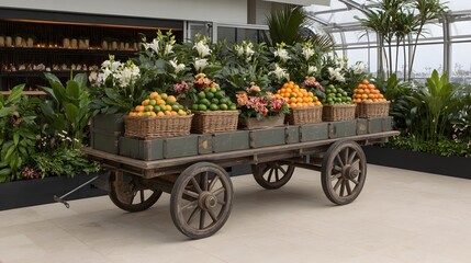 Rustic wooden wagon with baskets of passionfruit under a trellis orchard 