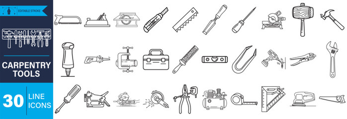A comprehensive set of professional line icons depicting various carpentry, construction, and DIY tools for craft, building, and repair projects, ideal for web and print.