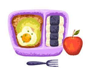 School lunch box for children with sushi, sandwich and apple