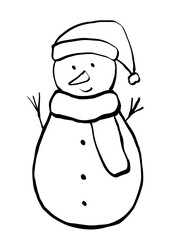 Cute winter snowman with hat and scarf in whimsial sketch style