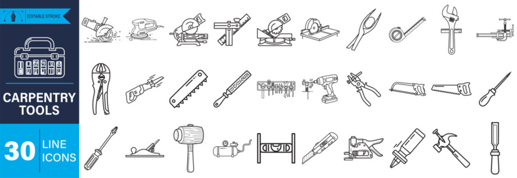 A comprehensive set of professional line icons depicting various carpentry, construction, and DIY tools for craft, building, and repair projects, ideal for web and print.