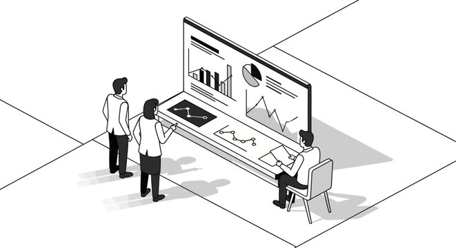 Illustration of three people looking at a large screen displaying charts and graphs, one person seated and taking notes.