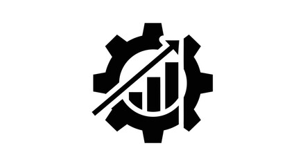 A black and white graphic icon representing business growth and efficiency with a gear and upward trending bar chart.