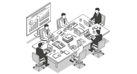 A team of professionals gathered around a conference table, actively engaged in a business meeting with data analysis displayed on a large screen.