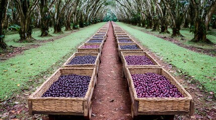 Rustic wooden wagon with baskets of passionfruit under a trellis orchard 