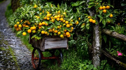Traditional farm cart stacked with oranges near an orange grove with dappled sunlight and rustic fence 