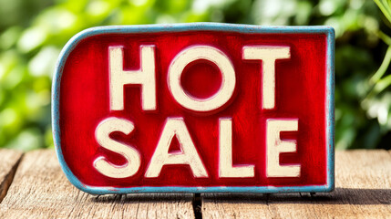 Red sign with white letters displaying "HOT SALE" on wooden surface, greenery behind. Concept of marketing and promotion. For retail advertising.