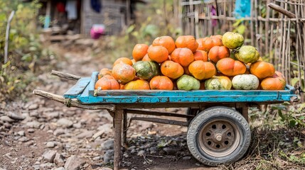 Traditional farm cart stacked with oranges near an orange grove with dappled sunlight and rustic fence 