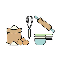Baking Ingredients and Tools Flat Vector Illustration Including Flour, Eggs, Whisk, and Rolling Pin