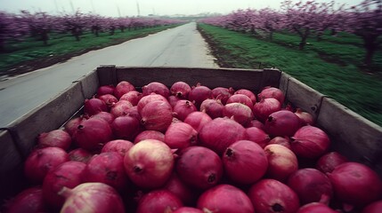 Traditional produce cart with pomegranates set against desert orchard trees in bloom 