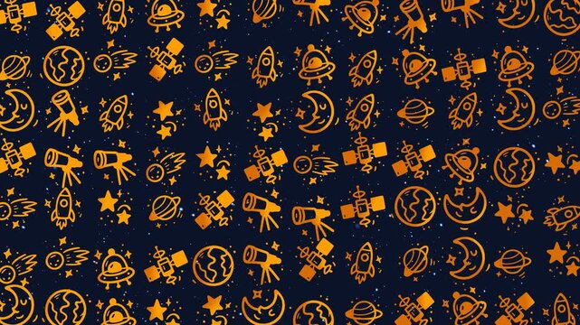 Doodle space themed pattern with stars and celestial objects for whimsical designs. Suitable for backgrounds, textiles, and stationery.