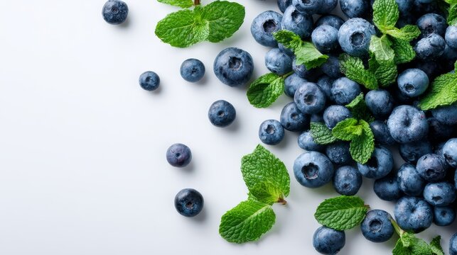 Vibrant flat lay of fresh blueberries and mint leaves arranged on a white background with bright even lighting and ample space for branding or text