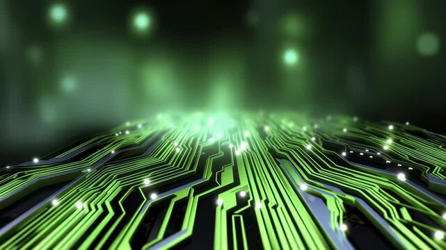 Glowing points of light travel along the green conductive traces of a complex electronic circuit board viewed from a low angle