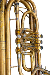 a close-up, detailed view of a brass trumpet's bell and valves. The trumpet has a worn, golden-yellow patina with visible scratches and tarnish.