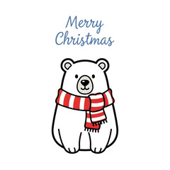 A cute polar bear wearing a red and white scarf with Merry Christmas text above. The image conveys warmth and holiday cheer