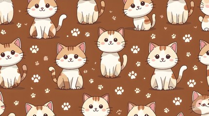 Cute Kawaii Cats Seamless Pattern Warm Brown Kitten and Paw Print Background