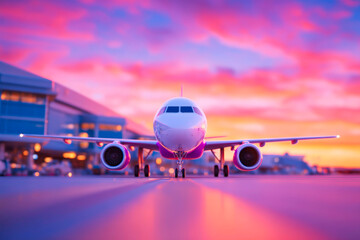 Airplane near terminal building at busy airport with soft shadows photorealistic