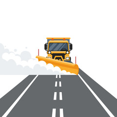 Snowplow clearing street in heavy snowfall on a winter road  