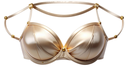 Premium Satin Bra Front View with Glossy Finish and Gold Hardware, Transparent Background